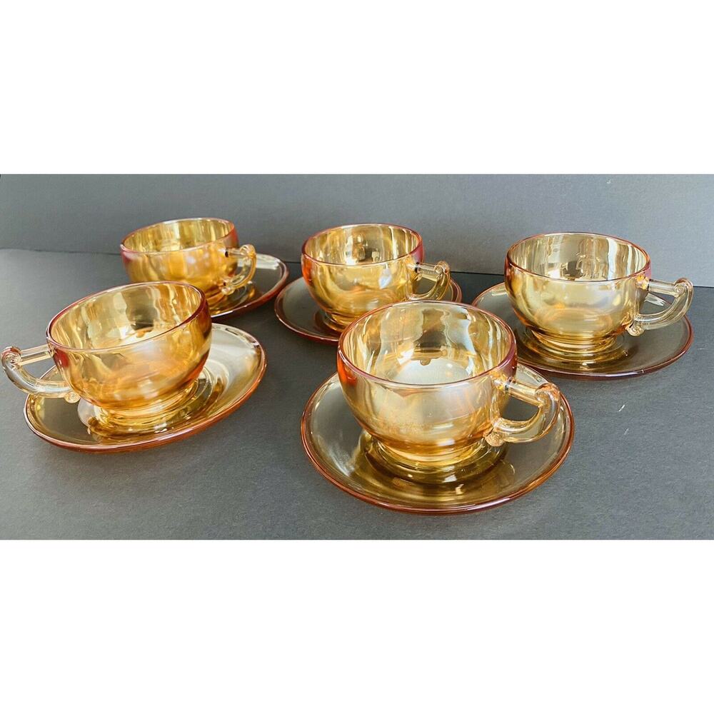 Vintage Jeanette Marigold Carnival Glass Iridescent Camellia 5 Teacups/Saucers - Picture 6 of 11